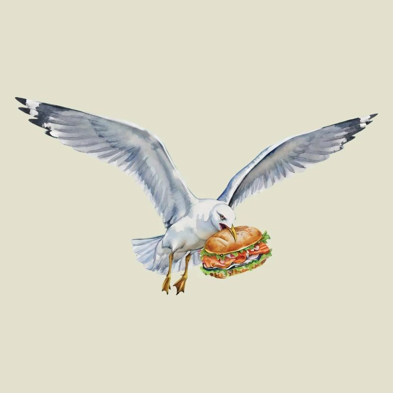 Funny Seagull Steals Fish Rolls Beach
