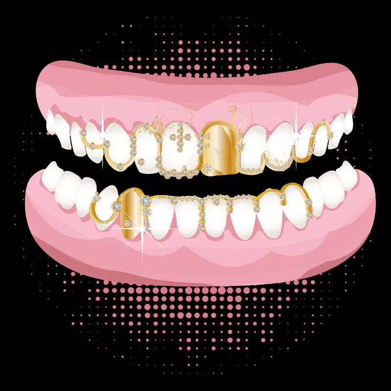 Deux rangées de dents avec un motif de grilles dorées opulentes