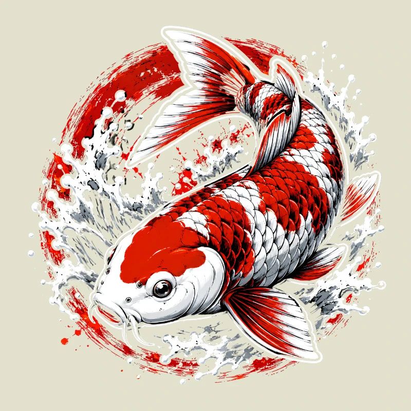 Red White Koi Carp Splash Art Design