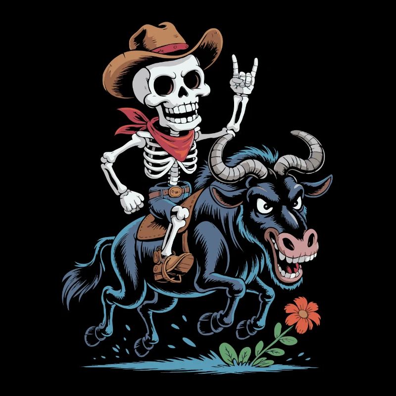 Skelett Cowboy Rodeo auf Gnu