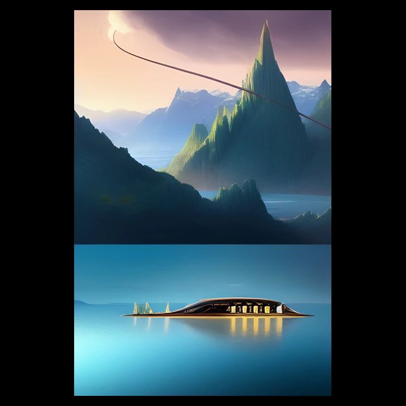 Landschaft mit See, Boot und Berge