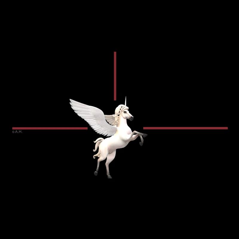Winged unicorn in front of red lines