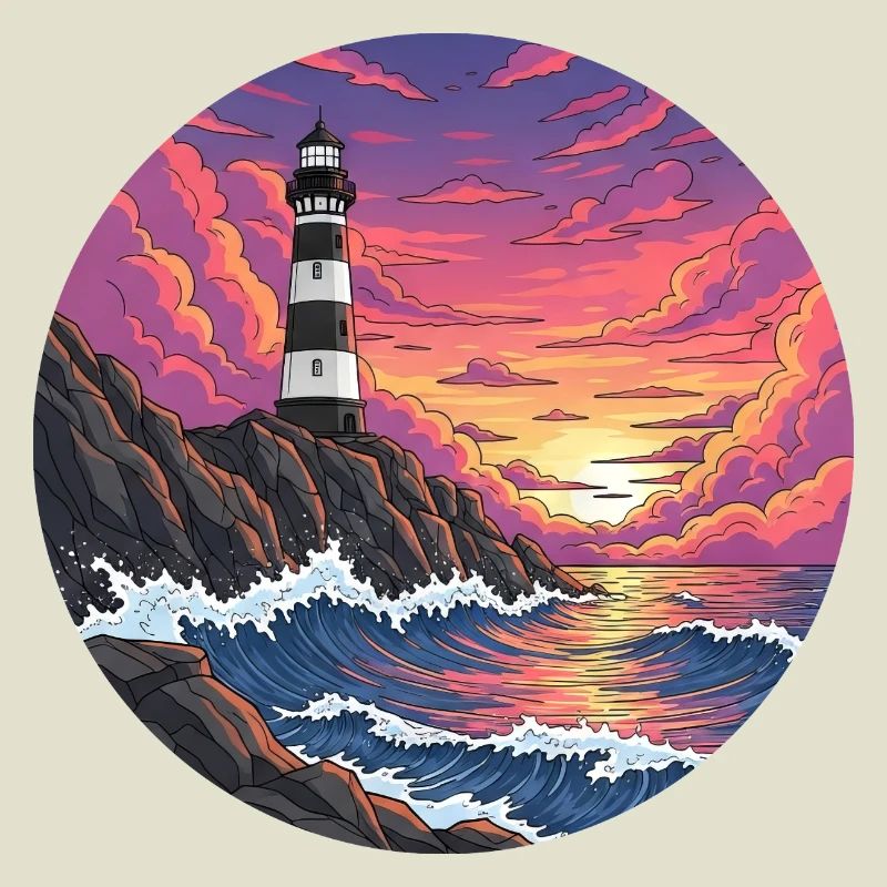 Comic Lighthouse Sea Surf Sunset