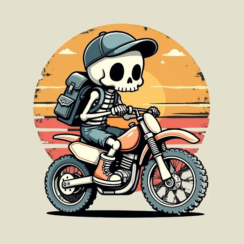 Skeleton on motorcycle in sunset