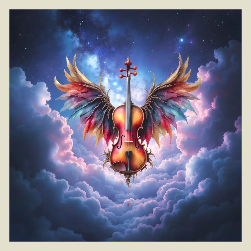 Winged Violin in Rainbow Clouds