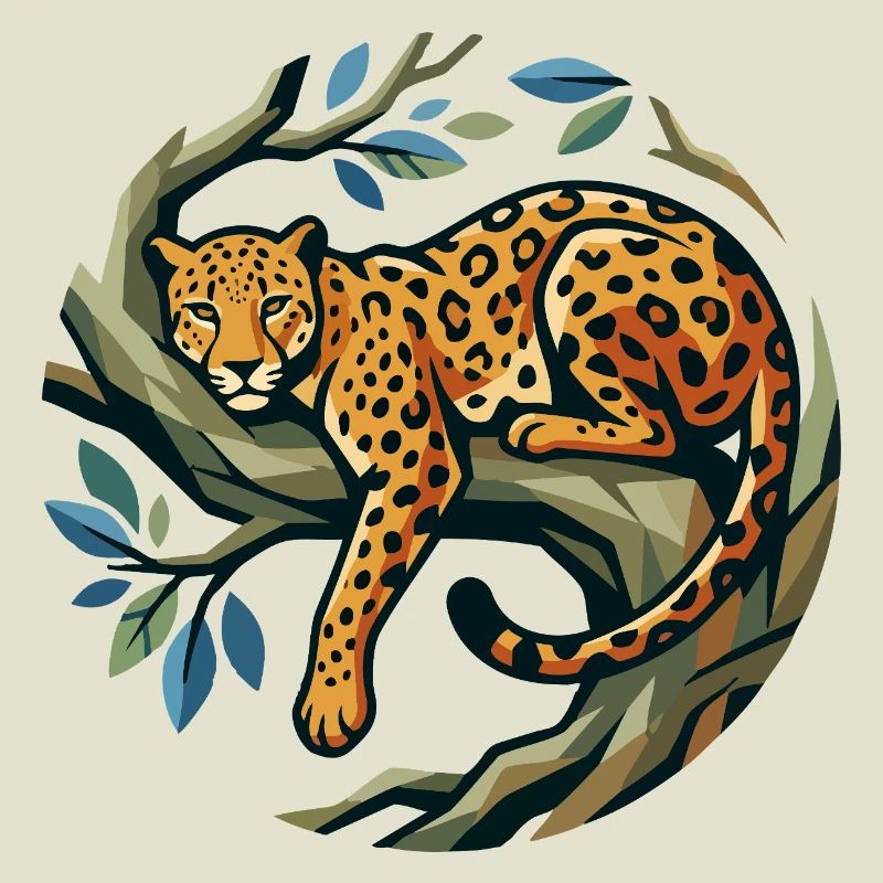 Léopard dans une couronne d’arbres posée sur une branche à motif léopard