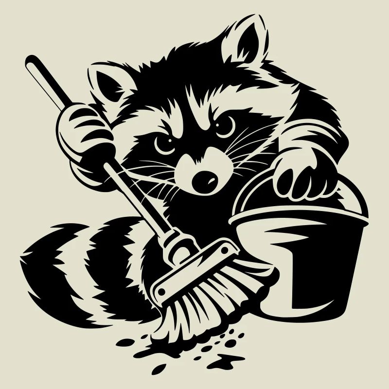 Waschbär mit Eimer & Mopp