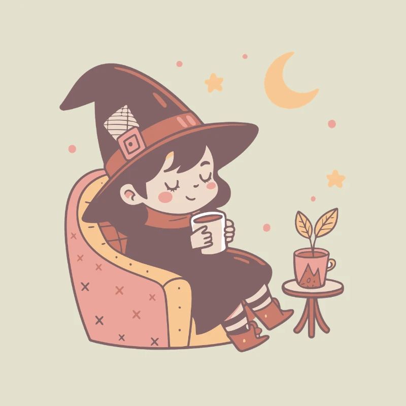 Cute Cozy Little Witch Drinking Her Tea