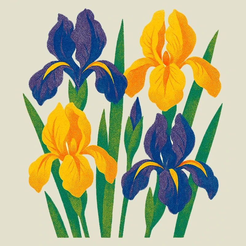 Harmonie d’iris : Fleurs dorées et indigo