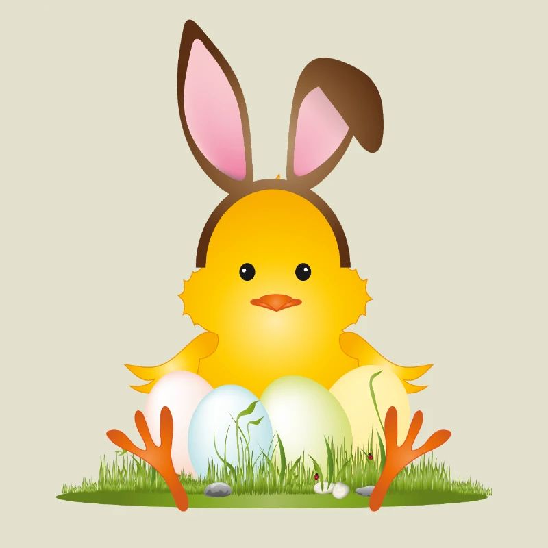 Cute Easter chick with bunny ears & Easter eggs