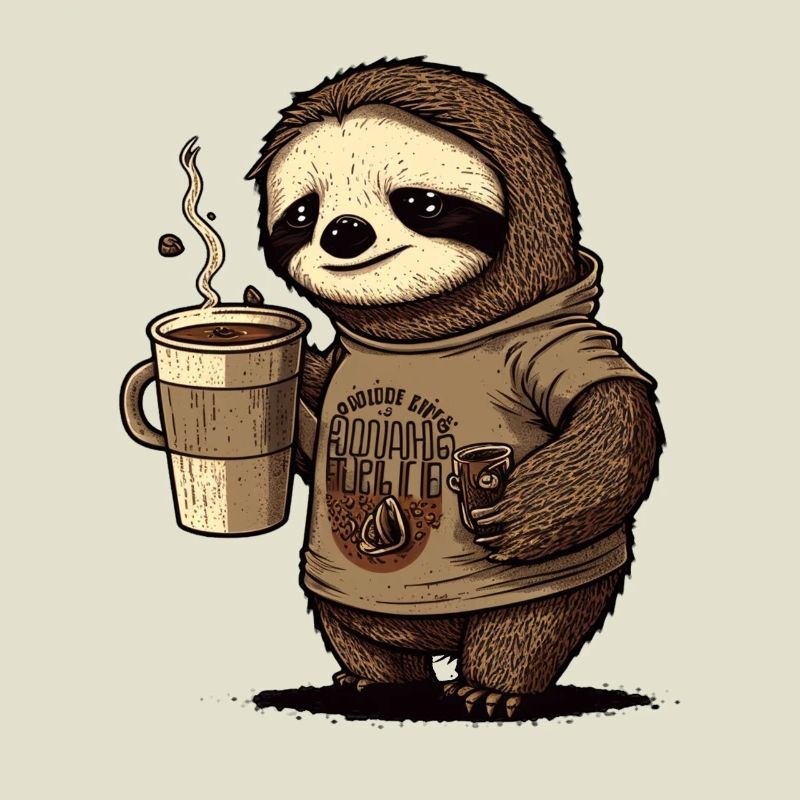 tired sloth with huge coffee mug