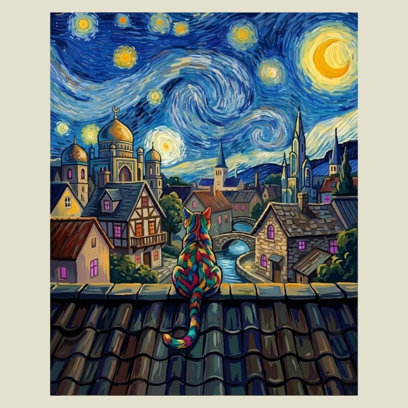 Rainbow Cat Starry Night Van Gogh Art