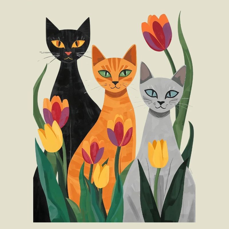 Three stylized cats: black, gray, orange