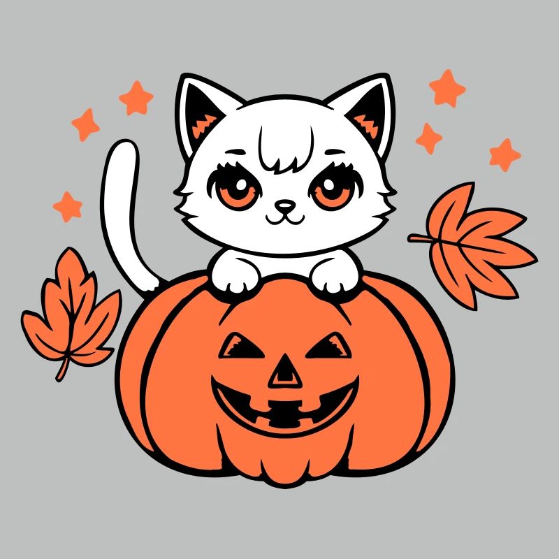 Autumn Cat White Pumpkin Maple Leaf Cute Halloween