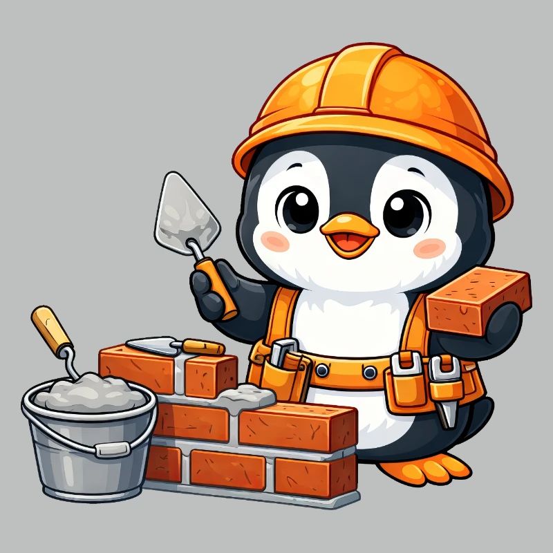 Cute Penguin Mason Construction Worker Construction Site Handwer