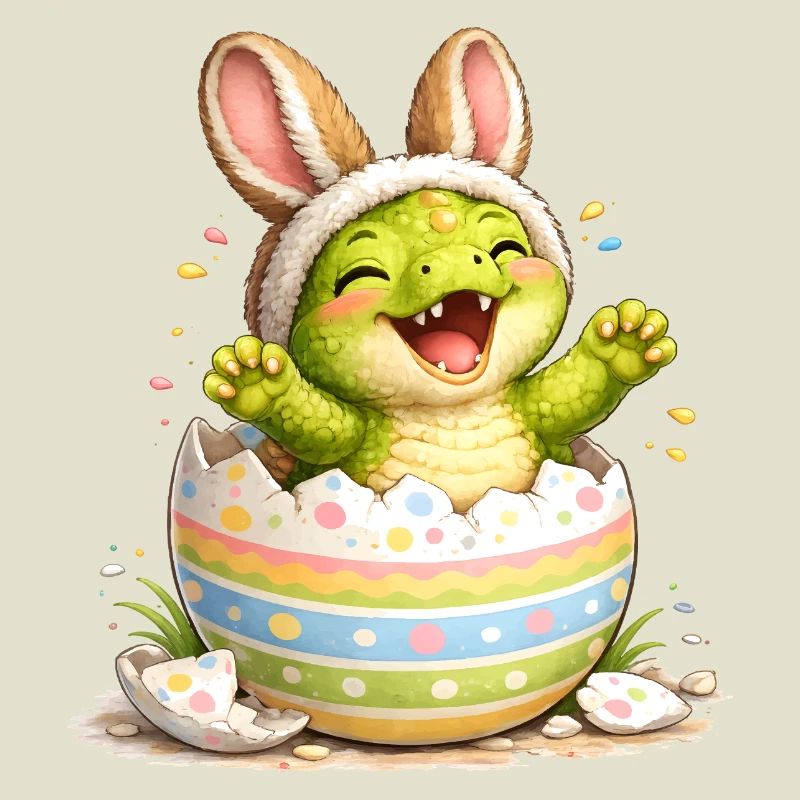 Baby Dinosaur with Bunny Ears in Easter Egg