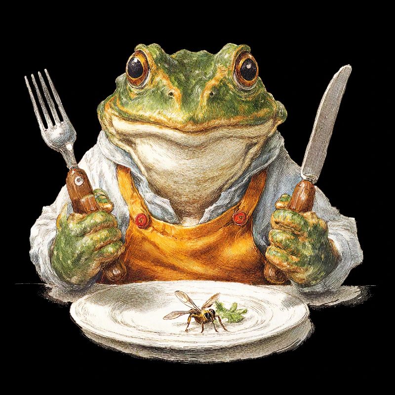 Frog chef with fork and knife