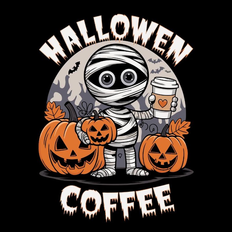 Mummia di Halloween con zucche e caffè