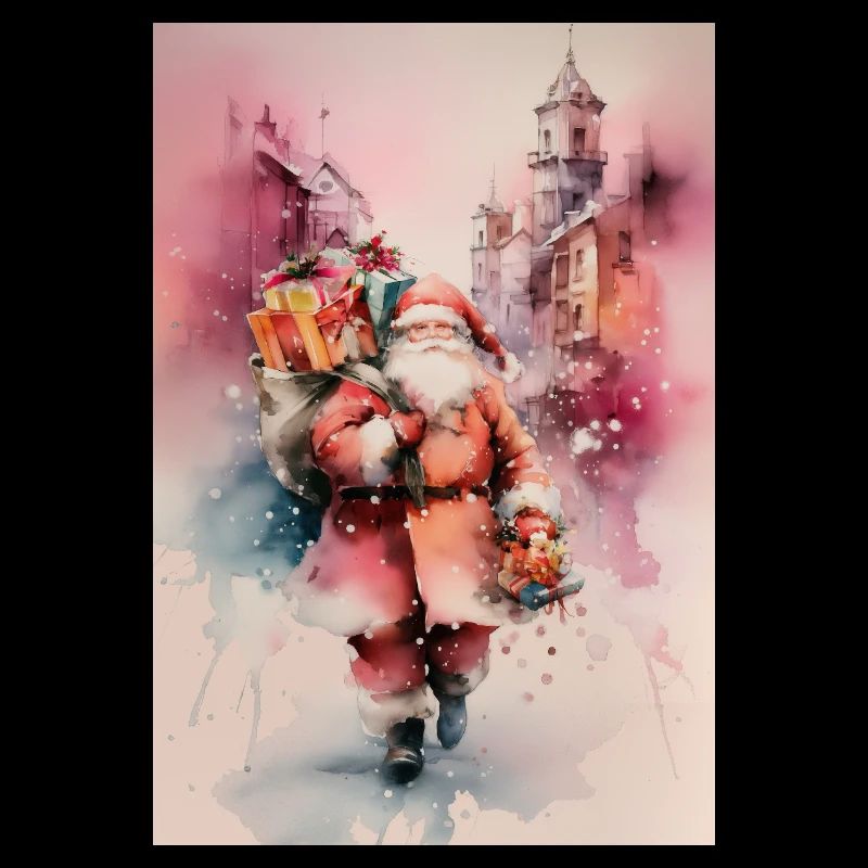 Santa aquarelle urbain et cadeaux
