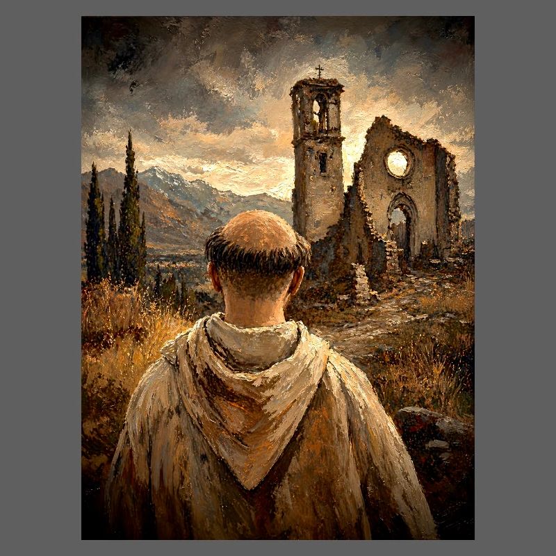 Moine devant les ruines au coucher du soleil