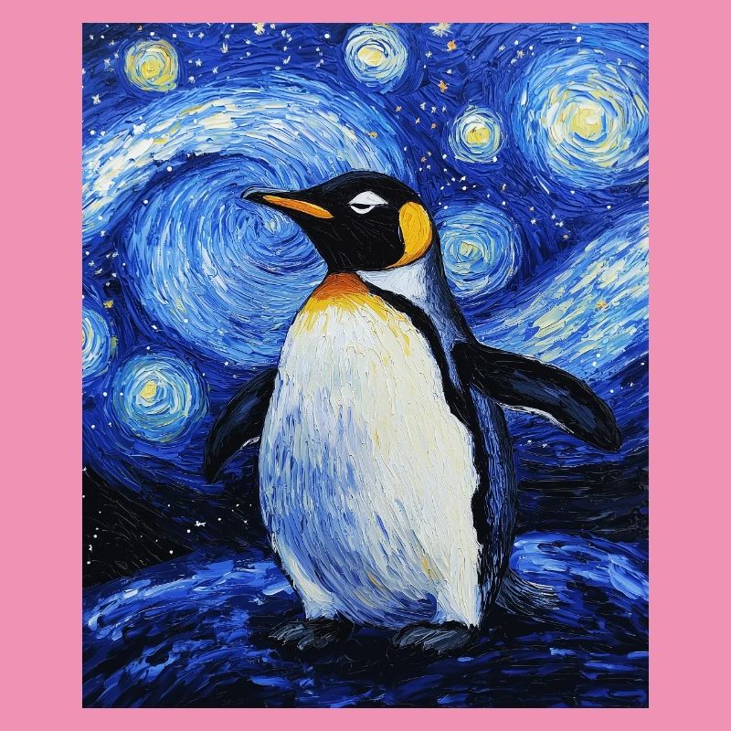 Penguin Bird Van Gogh Style Starry Night