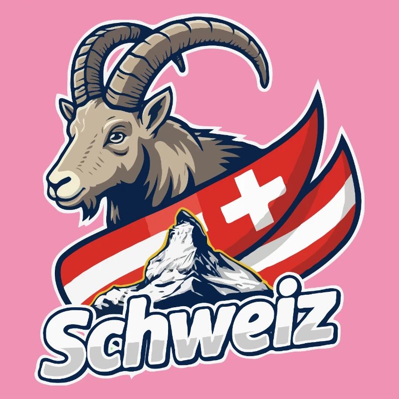 Alpensteinbock mit Schweizer Flagge