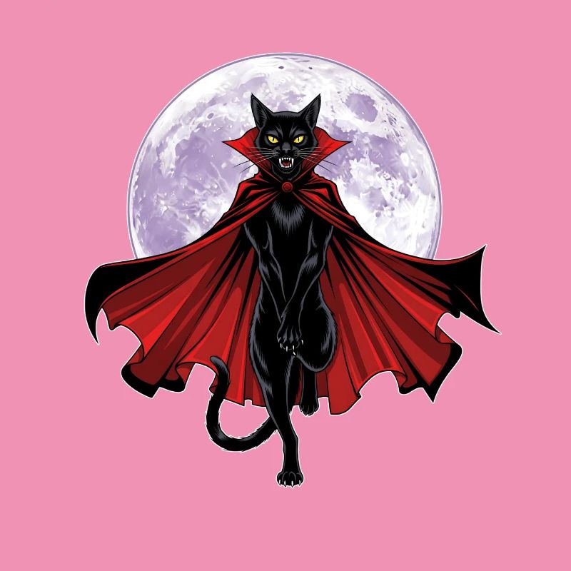Chat vampire graphique avec cape devant une pleine lune