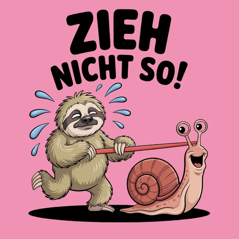 Sloth pulling snail, funny cartoon