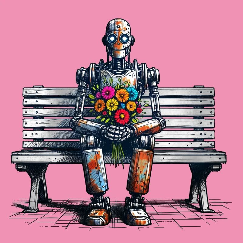 Robot banc fleurs Robot amour Art rouillé