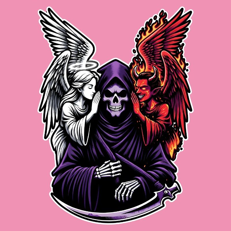 Sensenmann mit Engel und Dämon