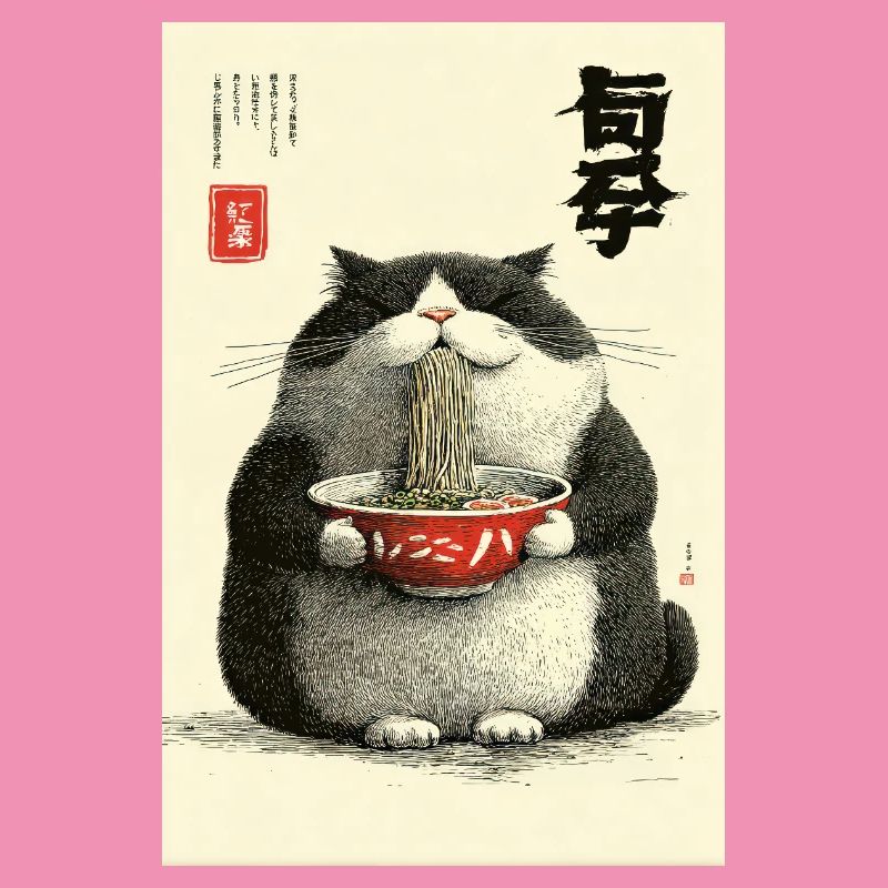 Neko Noodle Feast in Ukiyo-e Style