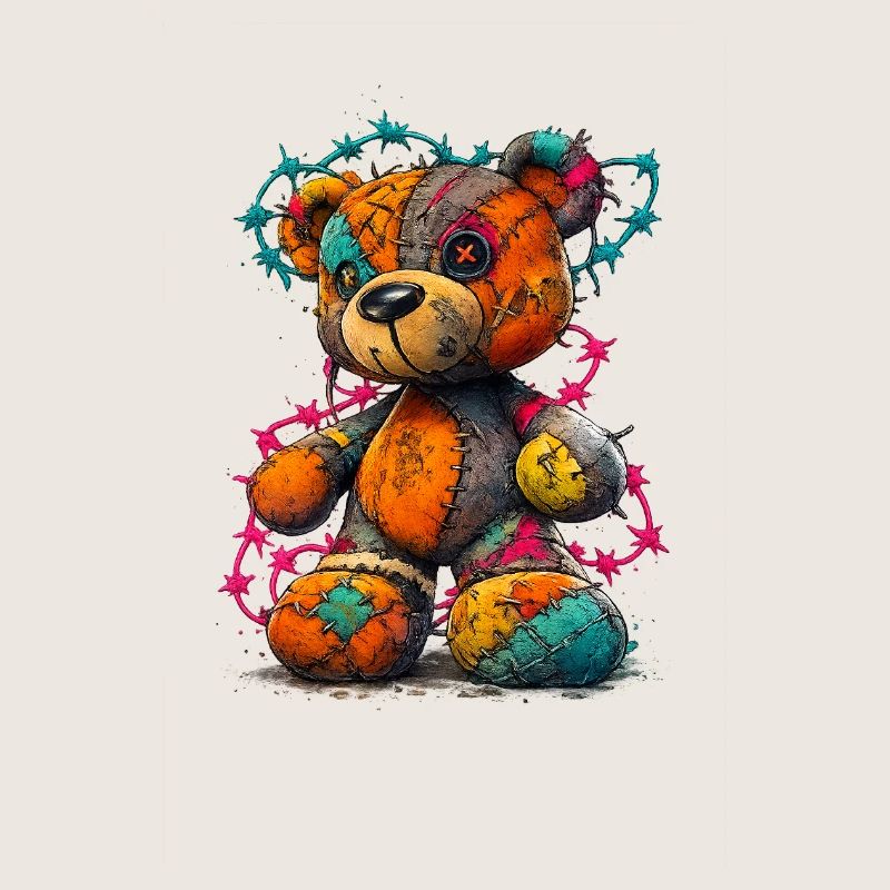 Patchwork teddy bear with neon threads