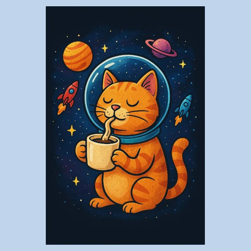 Chat en combinaison spatiale buvant du café