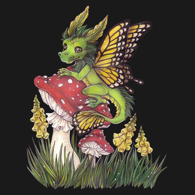 Forest Dragon on Toadstool Cute Butterfly
