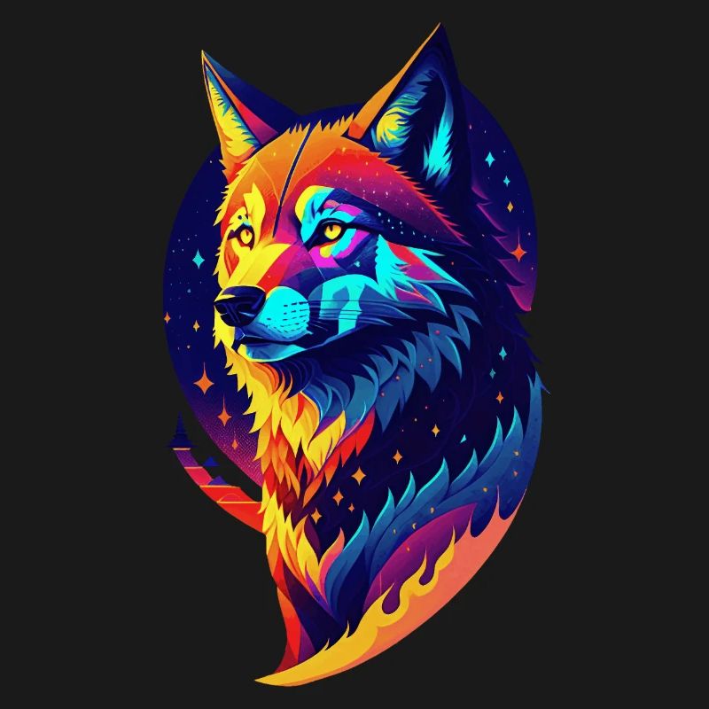 Loup dans la nuit - Décor Multicolore