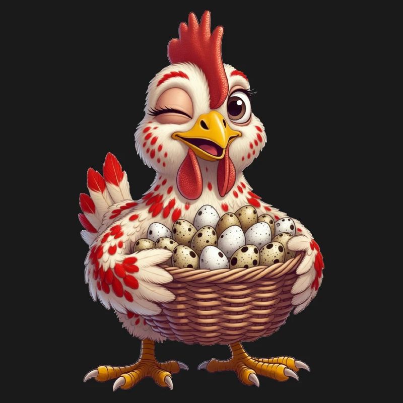 Huhn mit einem Korb voller Eier