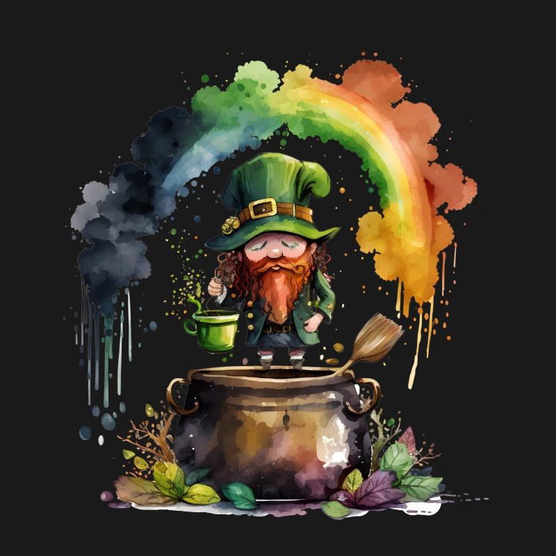 Leprechaun Kobold unter einem Regenbogen