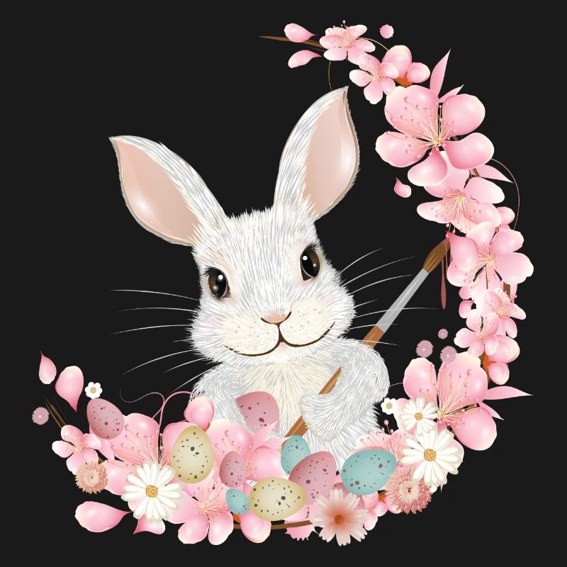 white easter bunny with flowers and brush for easter