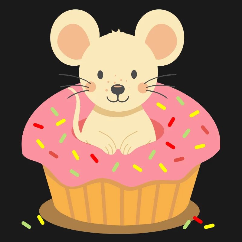 Mouse sitting in a pink cupcake with sprinkles