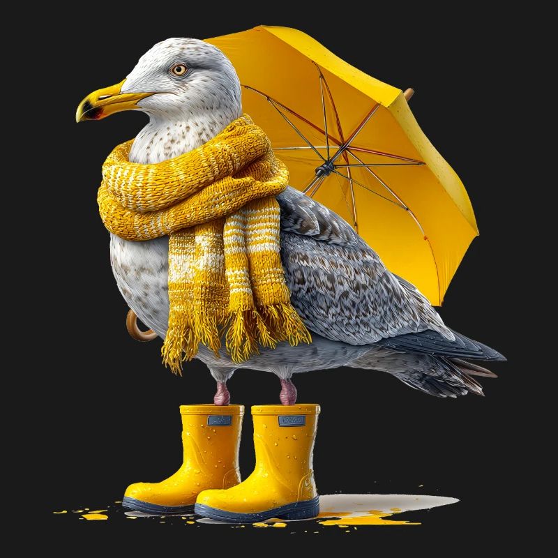 Seemöwe mit Gelbem Regenschirm und Boots