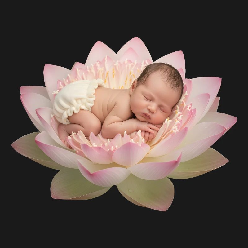 Bébé bébé avec une couche dormant sur une fleur de lotus ouverte