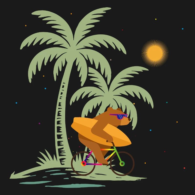 Bear with surfboard on bicycle under palm trees