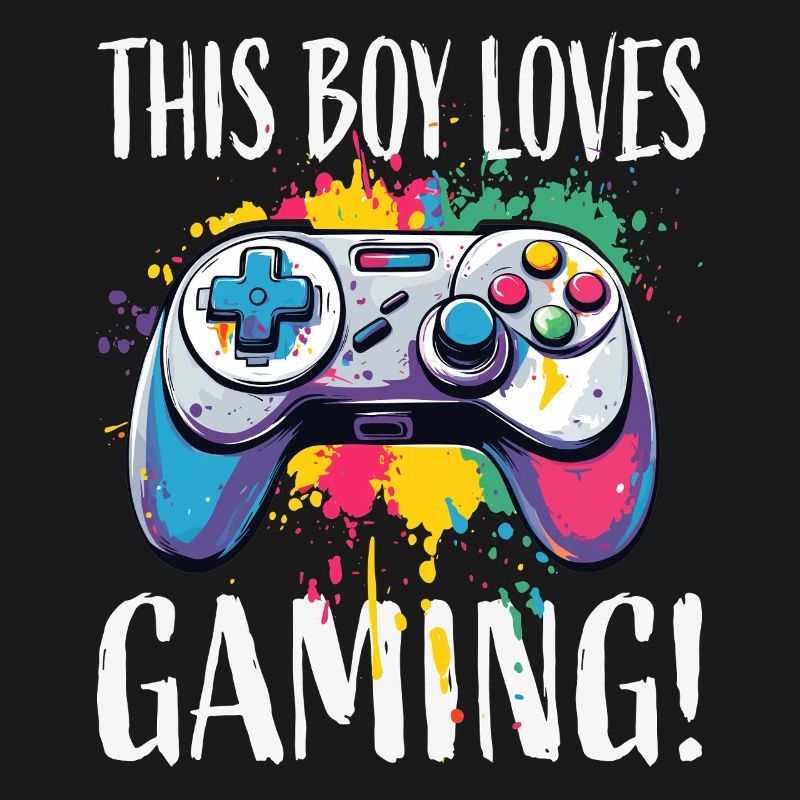 Junge liebt Gaming – bunte Controller-Splash