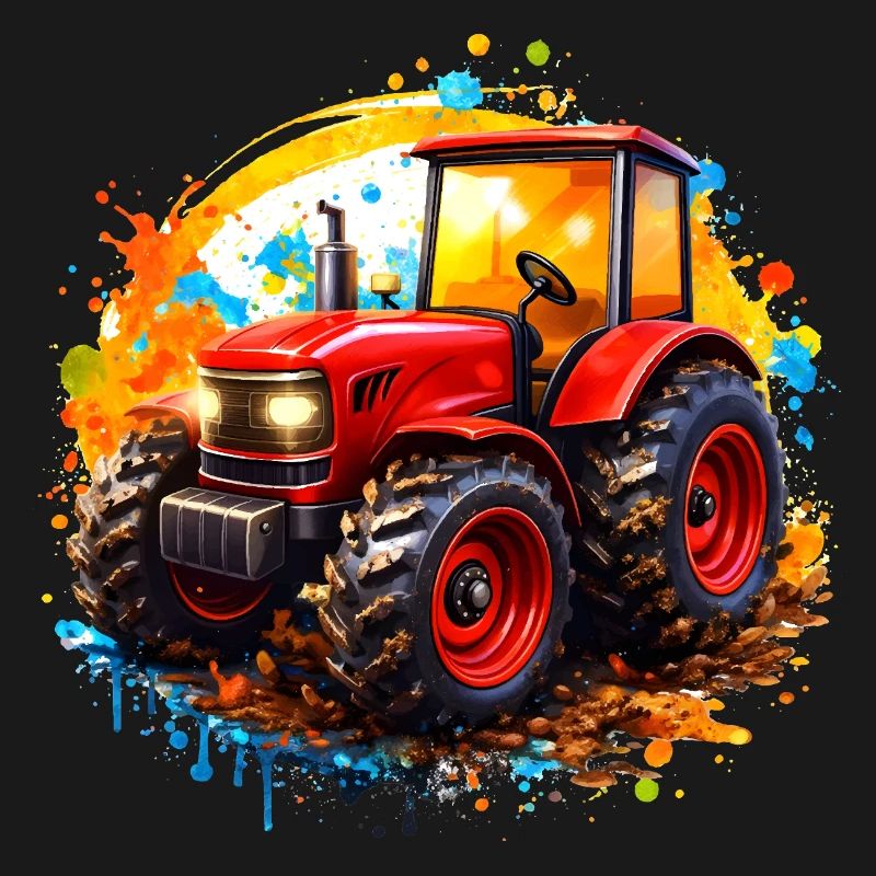 Roter Traktor mit Farbspritzern 
