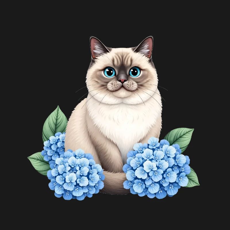 Cute Ragdoll Cat with Blue Hydrangeas