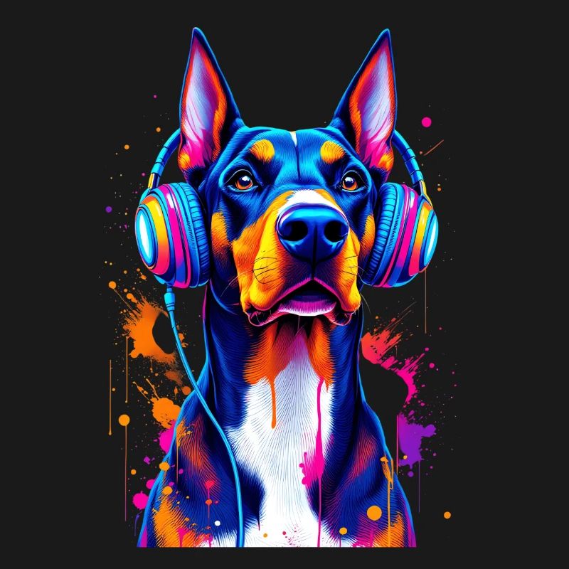 Dobermann mit Kopfhörern