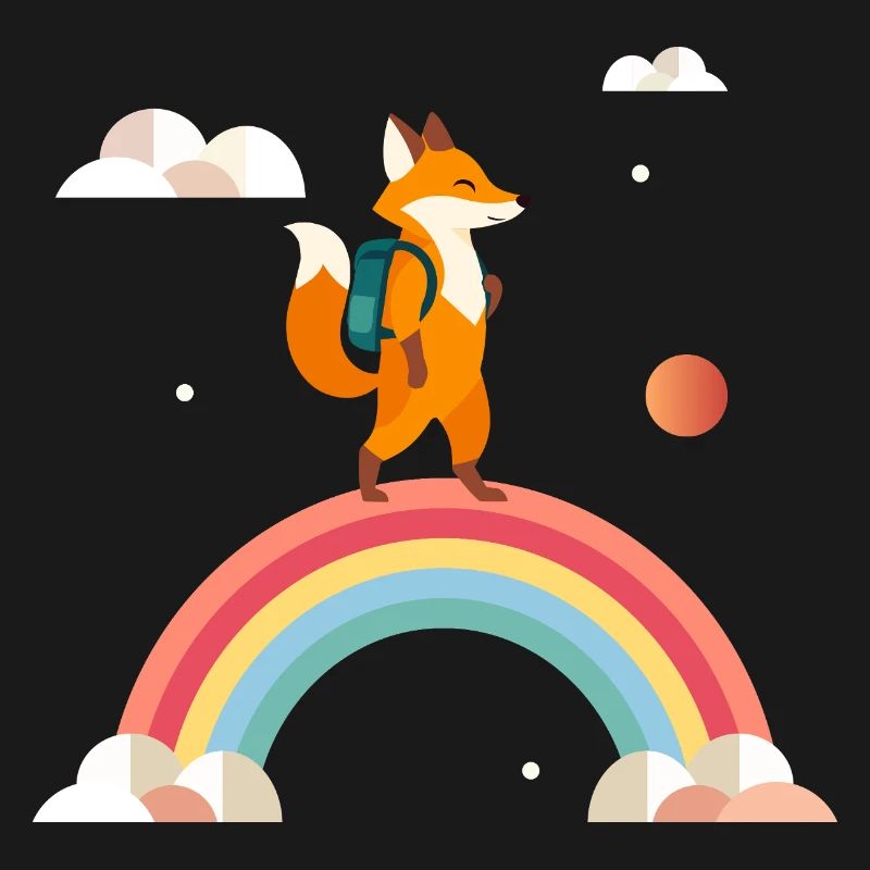 Cheerful fox with backpack on rainbow