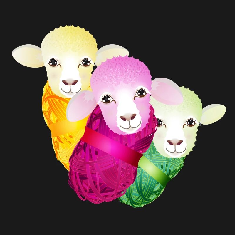 three colourful sheep with colour-coordinated wool