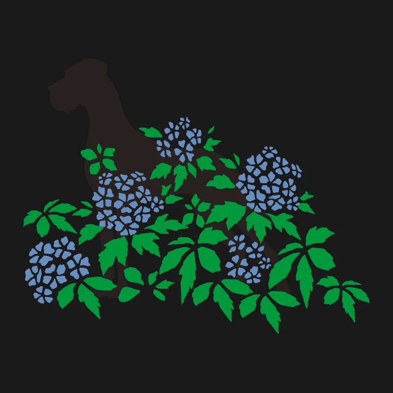 Great Dane and hydrangeas