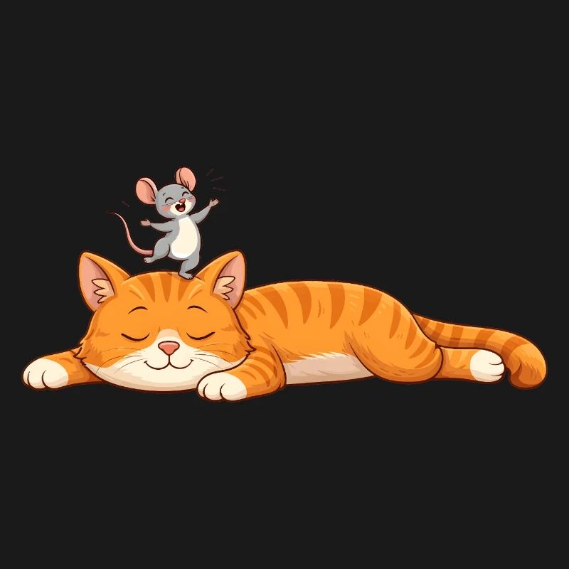 Sleeping cat with cheerful mouse